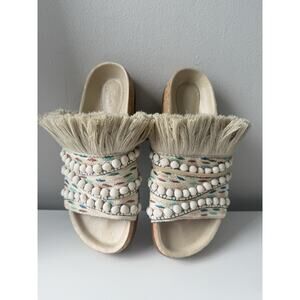 Chloé Nolan Tapestry Fringe Slides Sandals Size 36 Beige Boho Raffia Beaded Trim